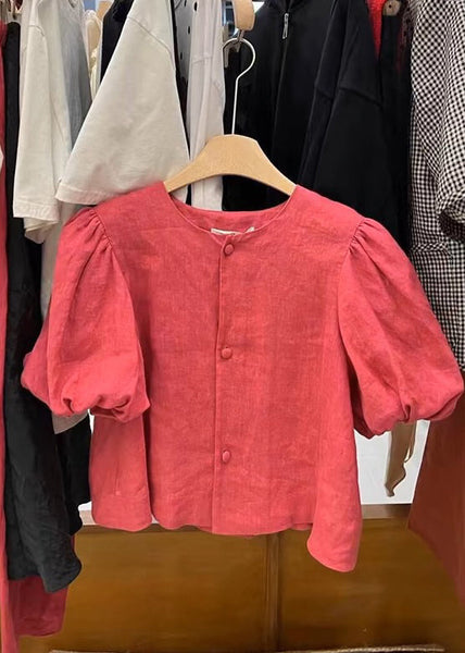 Simple Red Button O-Neck Patchwork Cotton Shirts Puff Sleeve AL1029 Genistyle Shop