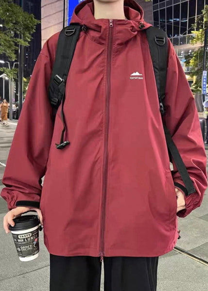 Coats Mens Simple Solid Red Zippered Hooded Cotton Spring FashionChic