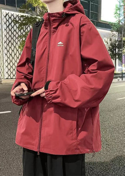 Coats Mens Simple Solid Red Zippered Hooded Cotton Spring FashionChic