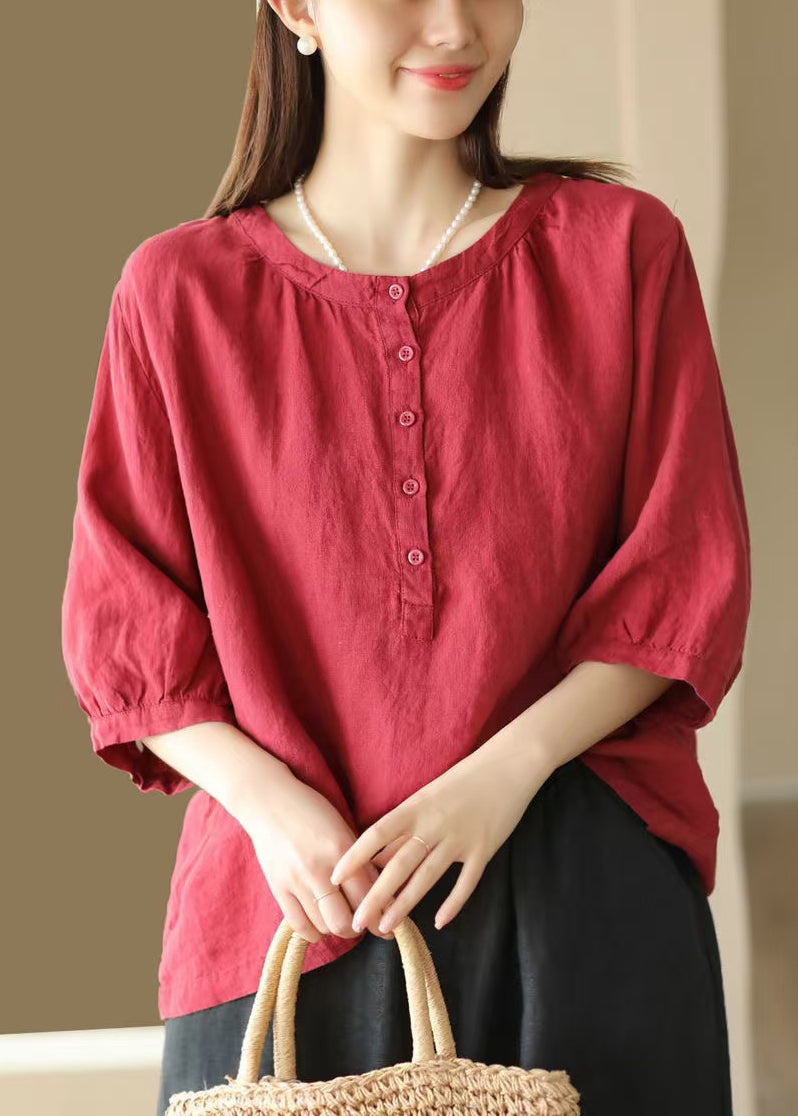 Red Simple Sleeve Bracelet Cotton Button Shirts O Neck FashionChic