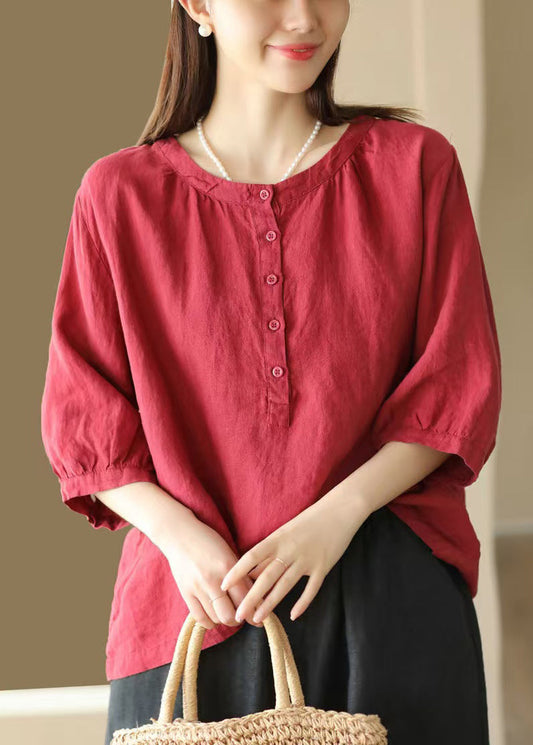 Red Simple Sleeve Bracelet Cotton Button Shirts O Neck FashionChic