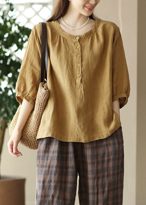 Red Simple Sleeve Bracelet Cotton Button Shirts O Neck FashionChic