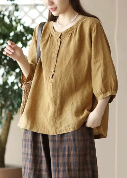 Red Simple Sleeve Bracelet Cotton Button Shirts O Neck FashionChic