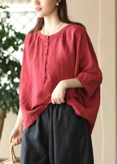 Red Simple Sleeve Bracelet Cotton Button Shirts O Neck FashionChic