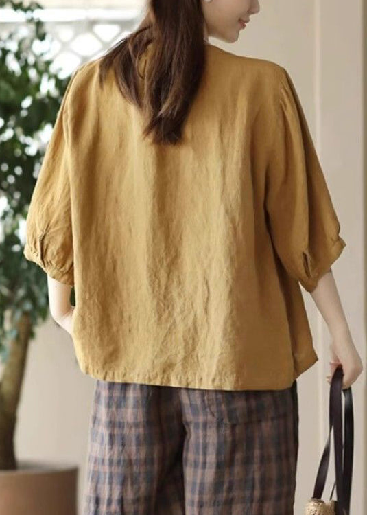 Red Simple Sleeve Bracelet Cotton Button Shirts O Neck FashionChic