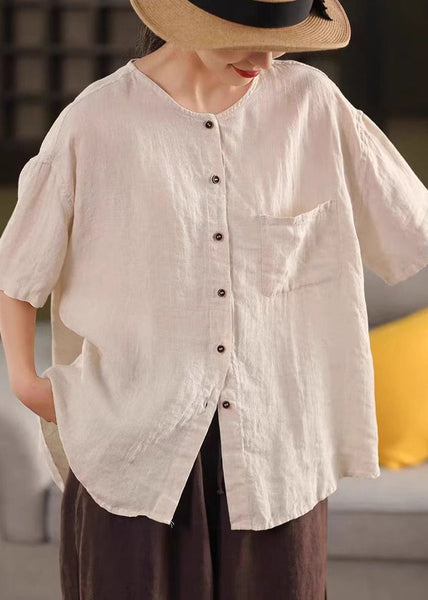 Linen Button Simple Red Pockets Shirt Neck Summer O FashionChic