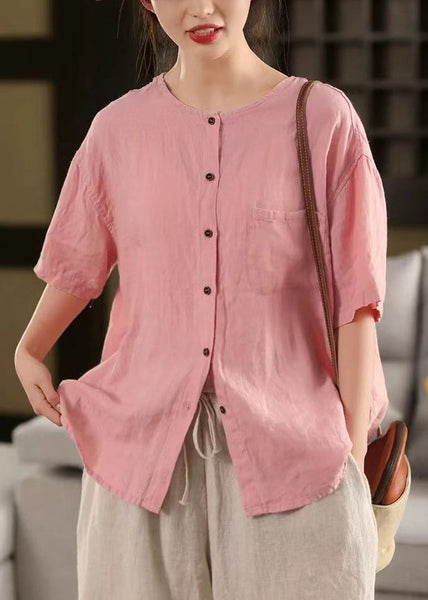 Linen Button Simple Red Pockets Shirt Neck Summer O FashionChic