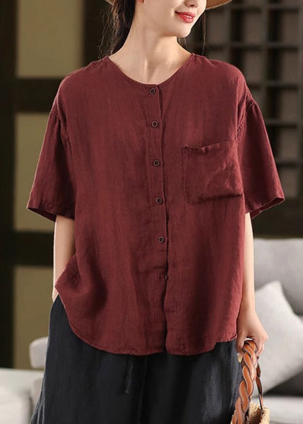 Linen Button Simple Red Pockets Shirt Neck Summer O FashionChic