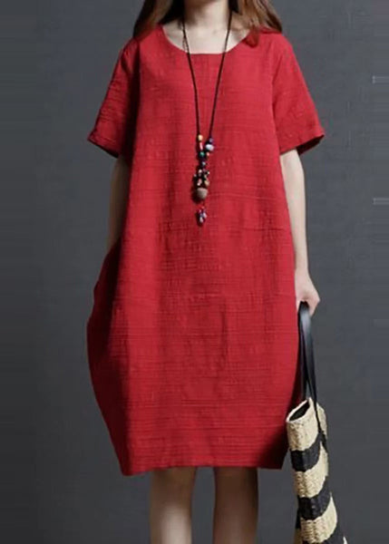 Simple Red Linen Mid Summer Dress Oversized FashionChic