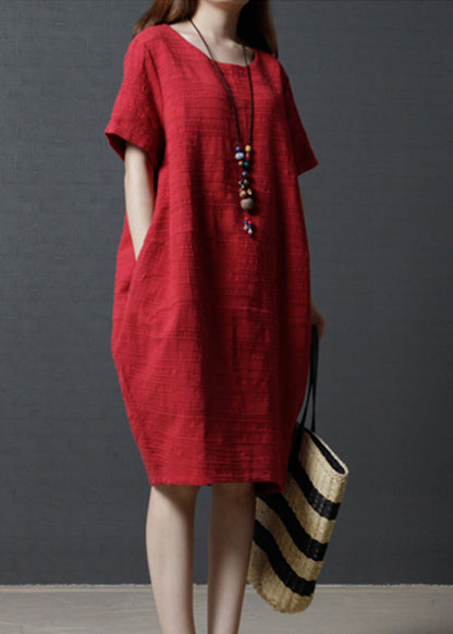 Simple Red Linen Mid Summer Dress Oversized FashionChic