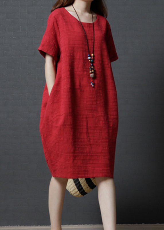 Simple Red Linen Mid Summer Dress Oversized FashionChic