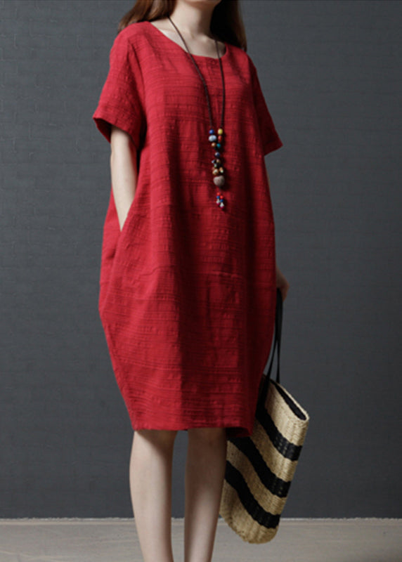 Simple Linen Summer Oversized Mid Red Dress FashionChic