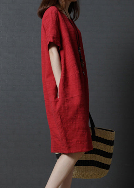 Simple Red Linen Mid Summer Dress Oversized FashionChic