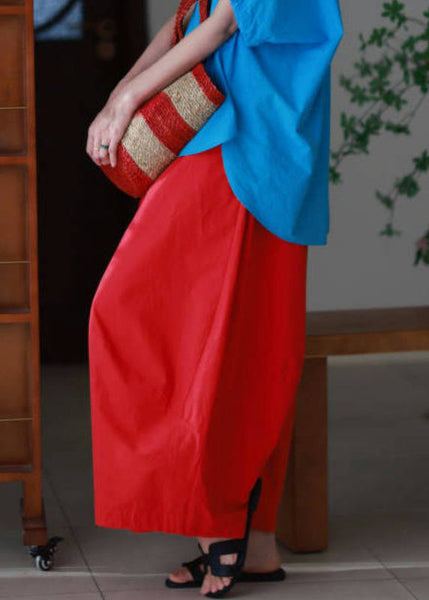 Pants Elastic Red Simple Wide Cotton Leg Waist Pockets Summer FashionChic