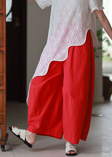 Pants Elastic Red Simple Wide Cotton Leg Waist Pockets Summer FashionChic