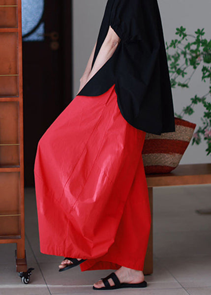 Pants Elastic Red Simple Wide Cotton Leg Waist Pockets Summer FashionChic