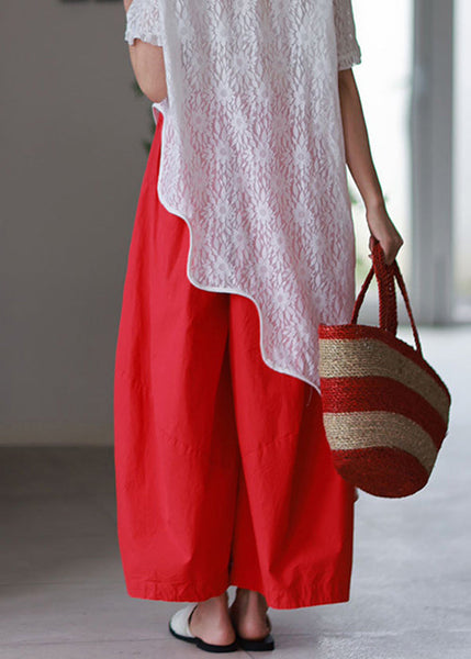 Pants Elastic Red Simple Wide Cotton Leg Waist Pockets Summer FashionChic