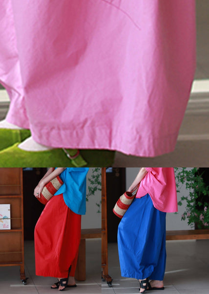 Pants Elastic Red Simple Wide Cotton Leg Waist Pockets Summer FashionChic