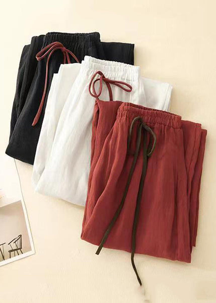 Simple Red Solid Elastic Waist Cotton Crop Pants Summer GG022 MZF-CPTS240610
