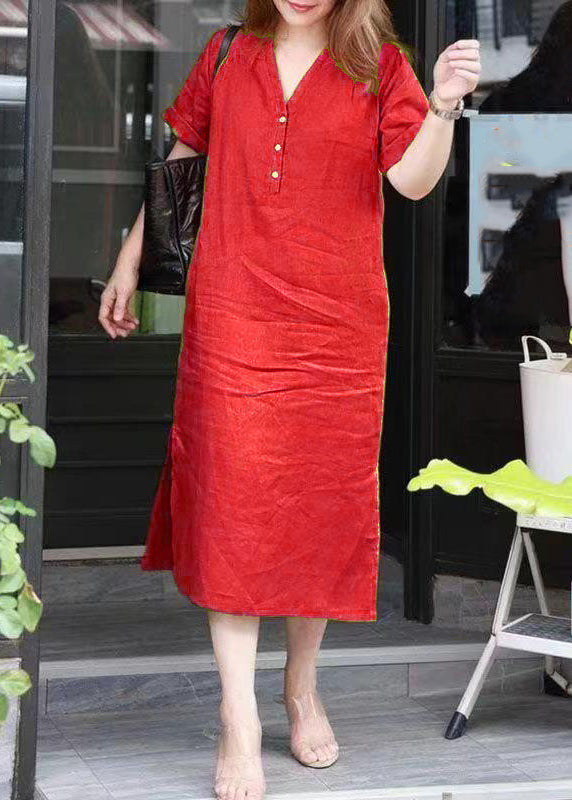 Simple Red V Neck Patchwork Side Open Long Dresses Summer VB1027 Ada Fashion