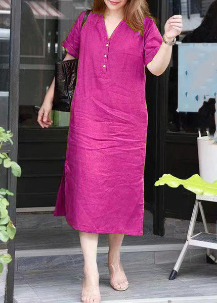 Simple Red V Neck Patchwork Side Open Long Dresses Summer VB1027 Ada Fashion