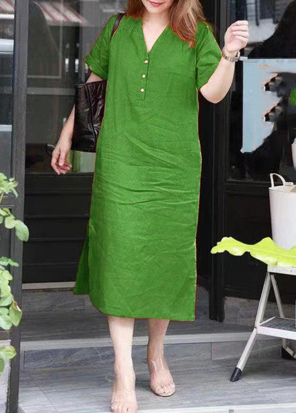 Simple Red V Neck Patchwork Side Open Long Dresses Summer VB1027 Ada Fashion