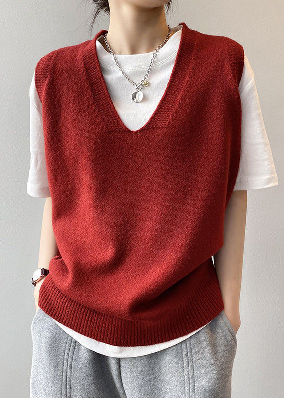 Simple Red V Neck Versatile Knit Vest Sleeveless WR026 HS-VTP241103