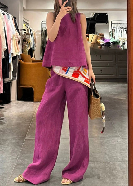 Neck Set Pieces Pants Two Linen Rose O And Simple Tank Solid FashionChic