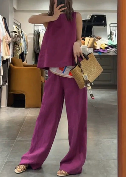 Neck Set Pieces Pants Two Linen Rose O And Simple Tank Solid FashionChic