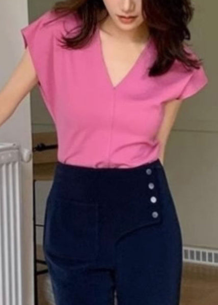 Neck Summer T V Shirts Cotton Rose Solid Simple FashionChic