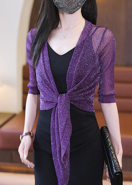 Simple Rose V Neck Solid Lace Up Tulle Cardigans Half Sleeve Ada Fashion