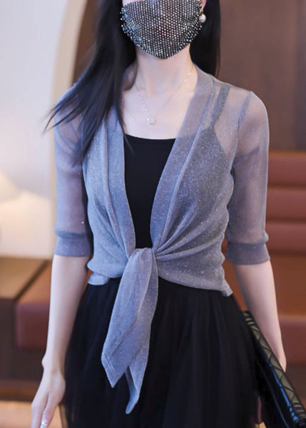 Simple Rose V Neck Solid Lace Up Tulle Cardigans Half Sleeve Ada Fashion