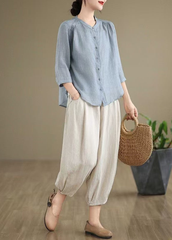 Simple Linen Outfits Blue Oversized Summer Two Sea Set Piece FashionChic