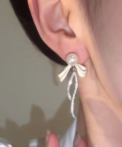 Simple Silk Alloy Butterfly Zircon Pearl Tassel Drop Earrings QQ006 JEW-EAR240811