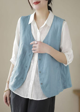 Neck Sleeveless Cotton Blue Sky Simple V Waistcoat Button FashionChic