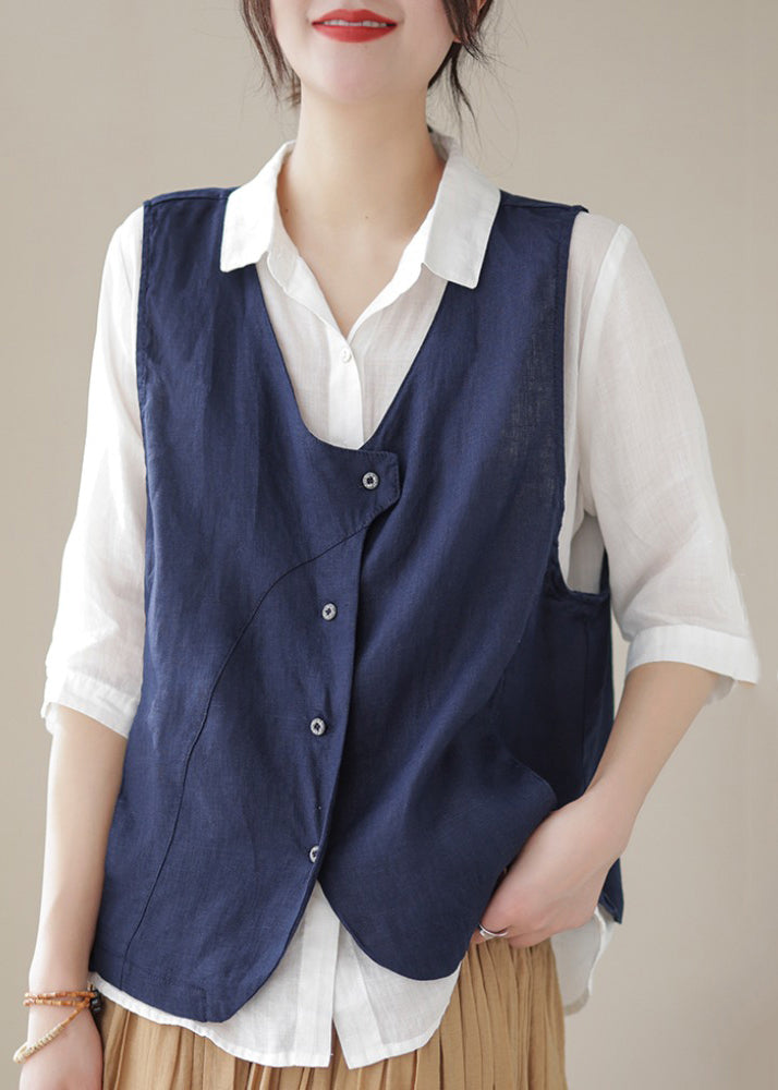 Neck Sleeveless Cotton Blue Sky Simple V Waistcoat Button FashionChic