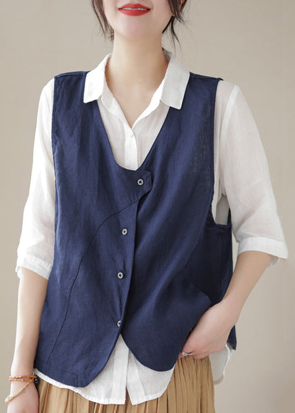 Neck Sleeveless Cotton Blue Sky Simple V Waistcoat Button FashionChic