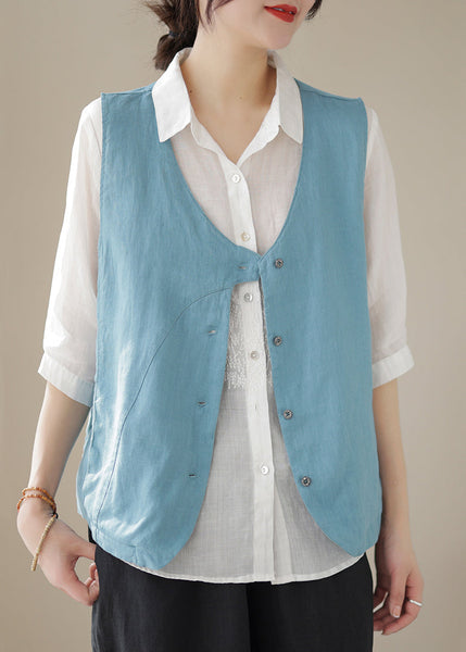 Neck Sleeveless Cotton Blue Sky Simple V Waistcoat Button FashionChic
