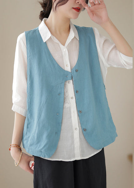Neck Sleeveless Cotton Blue Sky Simple V Waistcoat Button FashionChic