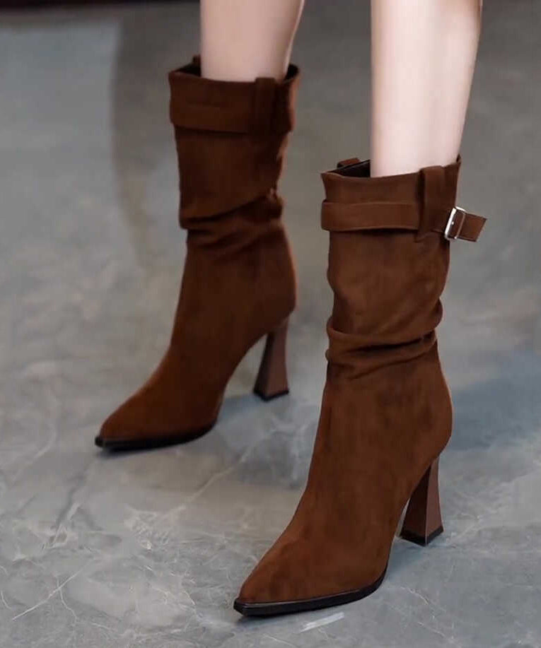 Simple Splicing Chunky Heel Boots Chocolate Suede Pointed Toe TE007 ABC