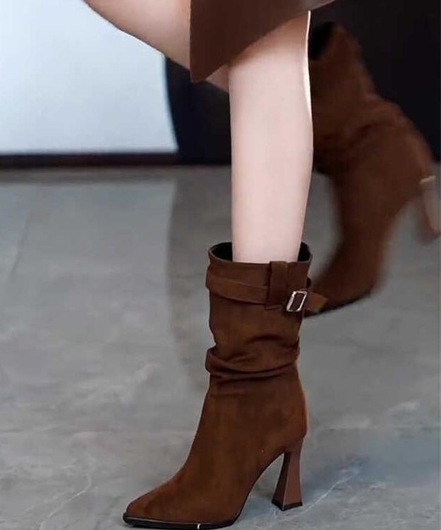 Simple Splicing Chunky Heel Boots Chocolate Suede Pointed Toe TE007 ABC