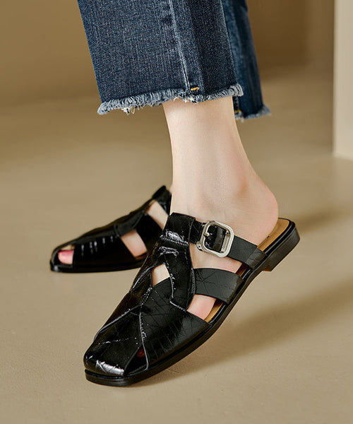 Simple Splicing Hollow Out Beige Cowhide Leather Slide Sandals WT021 shoe-LT241030