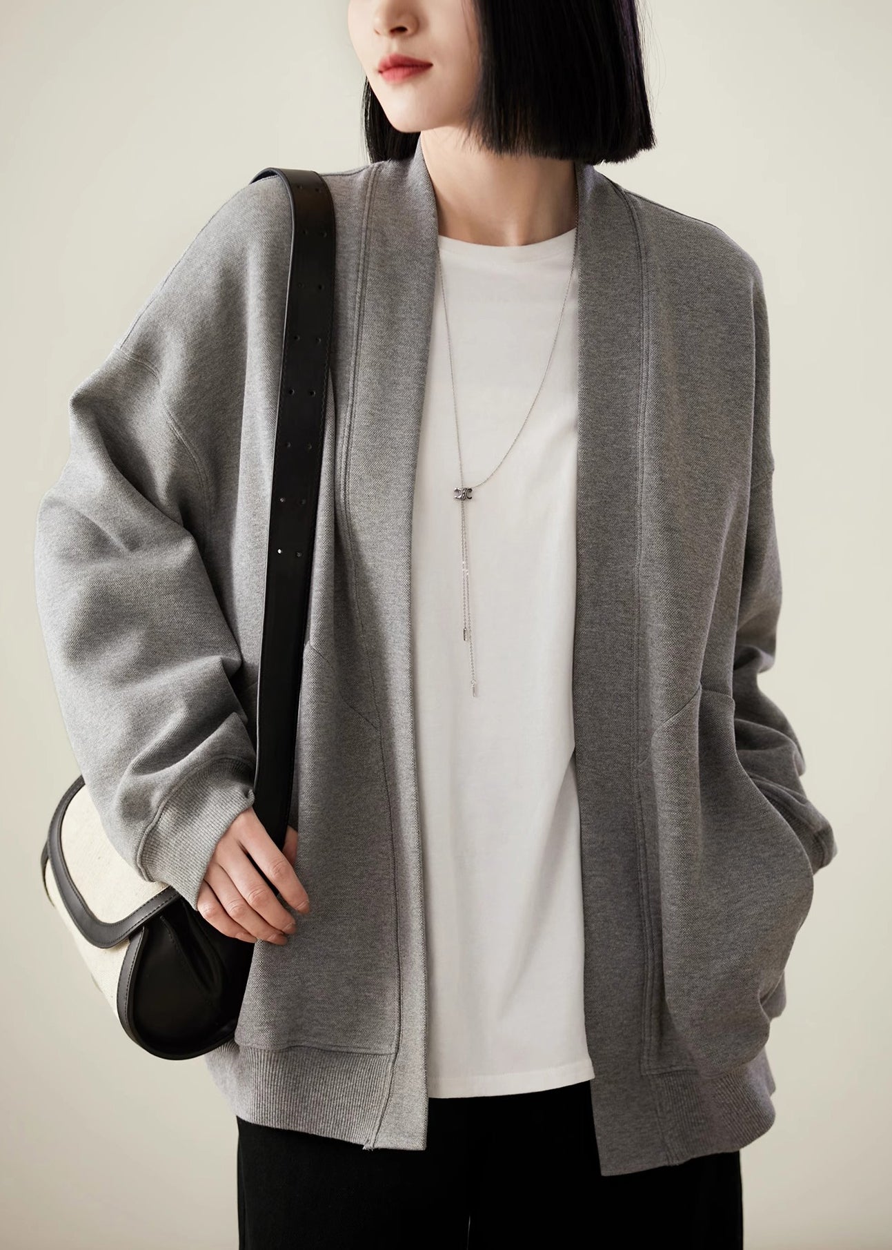 Simple Style Grey V Neck Pockets Cotton Cardigans Spring TJ031