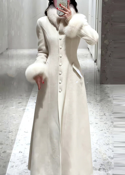 Simple White Button Fur Patchwork Woolen Coat Spring TY001