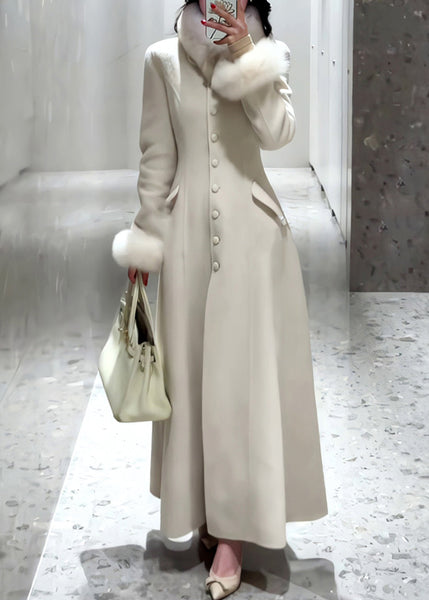 Simple White Button Fur Patchwork Woolen Coat Spring TY001