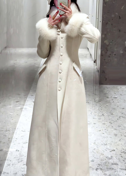 Simple White Button Fur Patchwork Woolen Coat Spring TY001