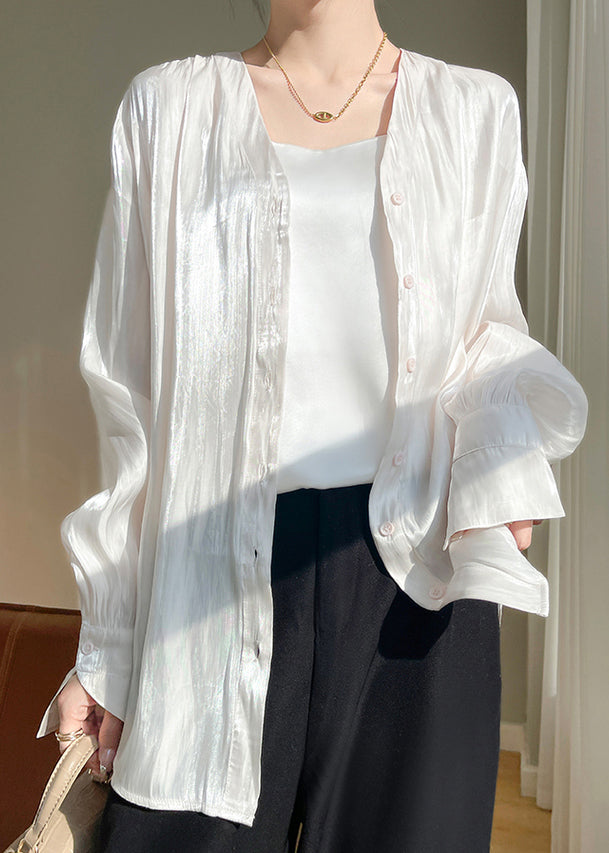 Simple White Button Solid Silk Shirts Fall AB1019 Genistyle Shop