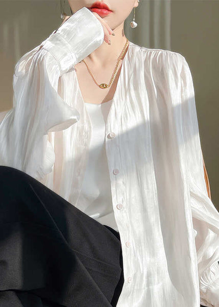 Simple White Button Solid Silk Shirts Fall AB1019 Genistyle Shop
