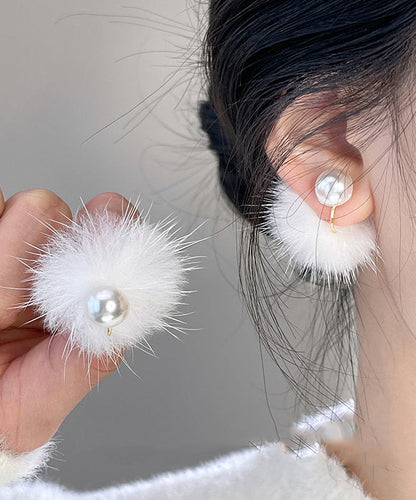 Simple White Copper Alloy Mink Hair Pearl Stud Earrings TS012