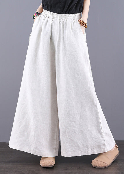 Summer Waist Simple Elastic Straight Trousers Linen Pants White FashionChic